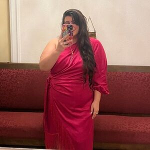 ELOQUII Pink One-Shoulder Dress with Fringe